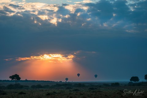 SVM_0719 
Dramatic Sunrise in savanna, red sky, sun through the clouds, balloons